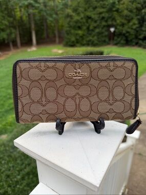 Coach Signature Brown Zip-Around Wallet with Gold Logo